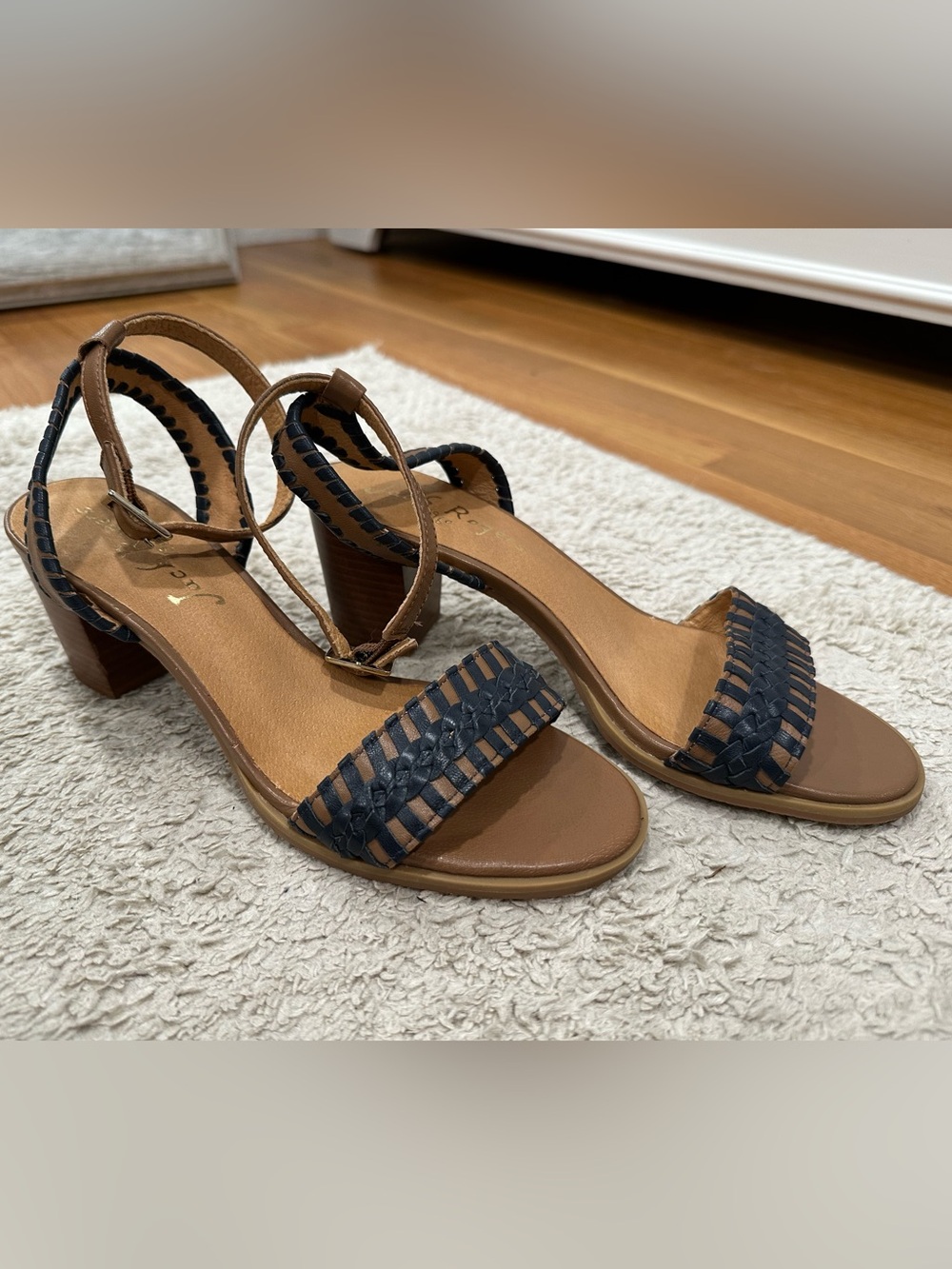 Jack Rogers Brown and Navy Leather Block Heel Sandals, 7.5